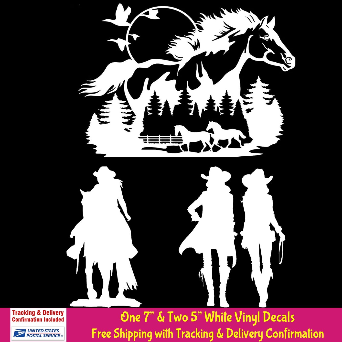 Horse Farm & 2 Cowgirls White Vinyl Decal Car Window Camper Tablet Truck Trailer