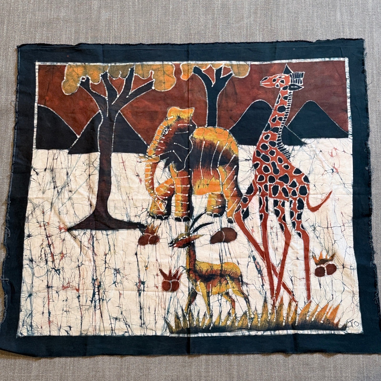African Batik Hand Dyed Art Elephant Giraffe Gazelle Savanna Signed 36×32&Prime;