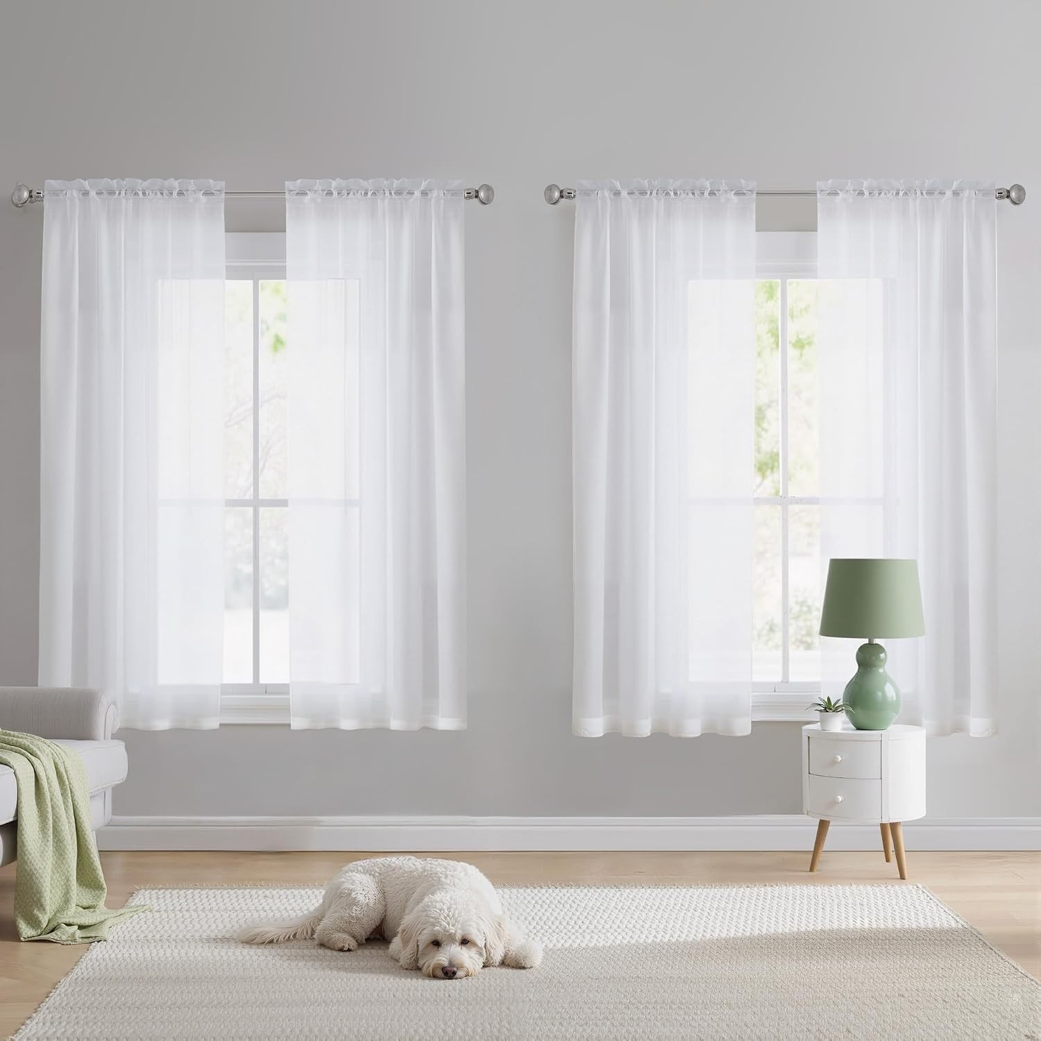 White Sheer Curtains 63 inches Long 4 Panels, 42 inch Wide Rod Pocket Light