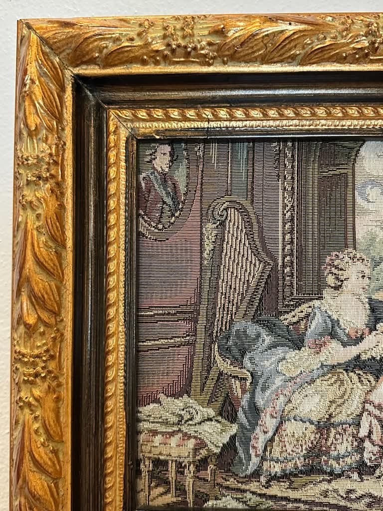 Vintage Gold Gilt Wall Mirror w/ Tapestry Insert 35×15 Ornate Hollywood Regency