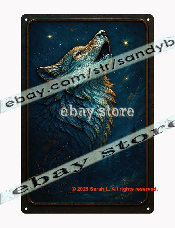 Howling Wolf Portrait Tin Sign Moonlit Forest Wall Art