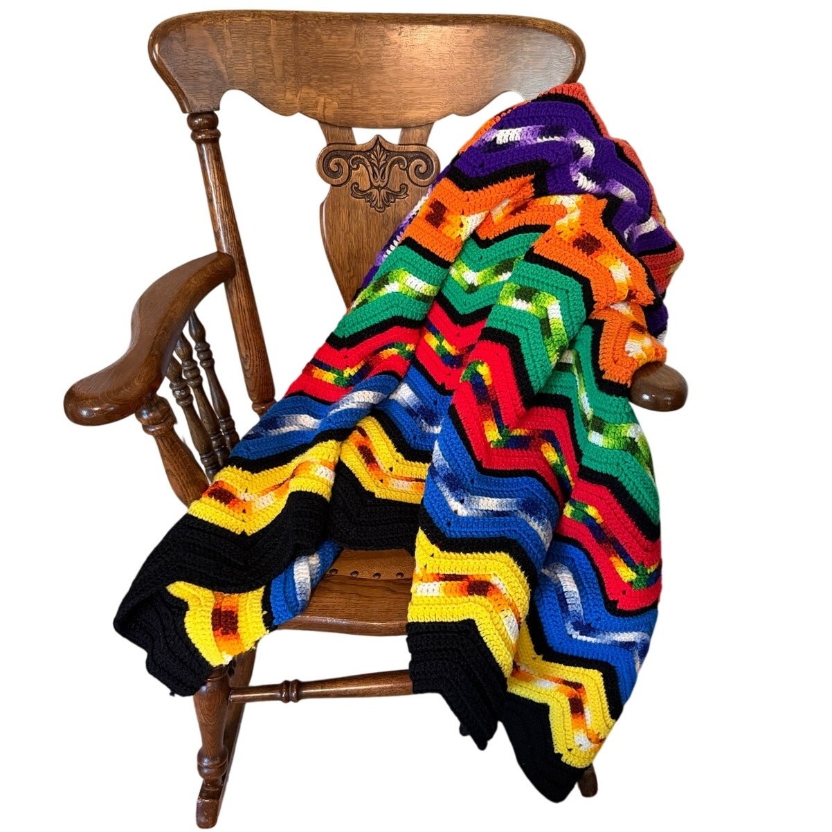 Handmade Crochet Vintage Afghan Blanket 72×72 Multicolor Chevron Zig Zag Throw