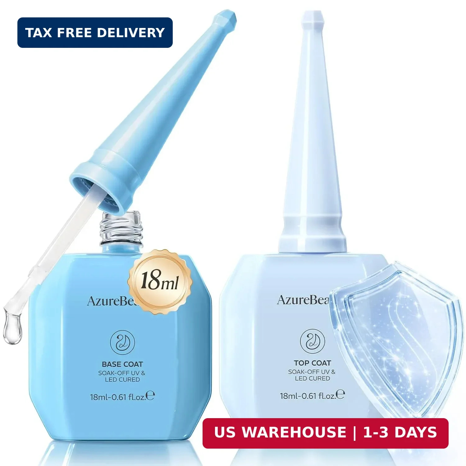 18ml Gel Base and Top Coat Set – No Wipe High Gloss Soak Off UV/LED Nail Polish,