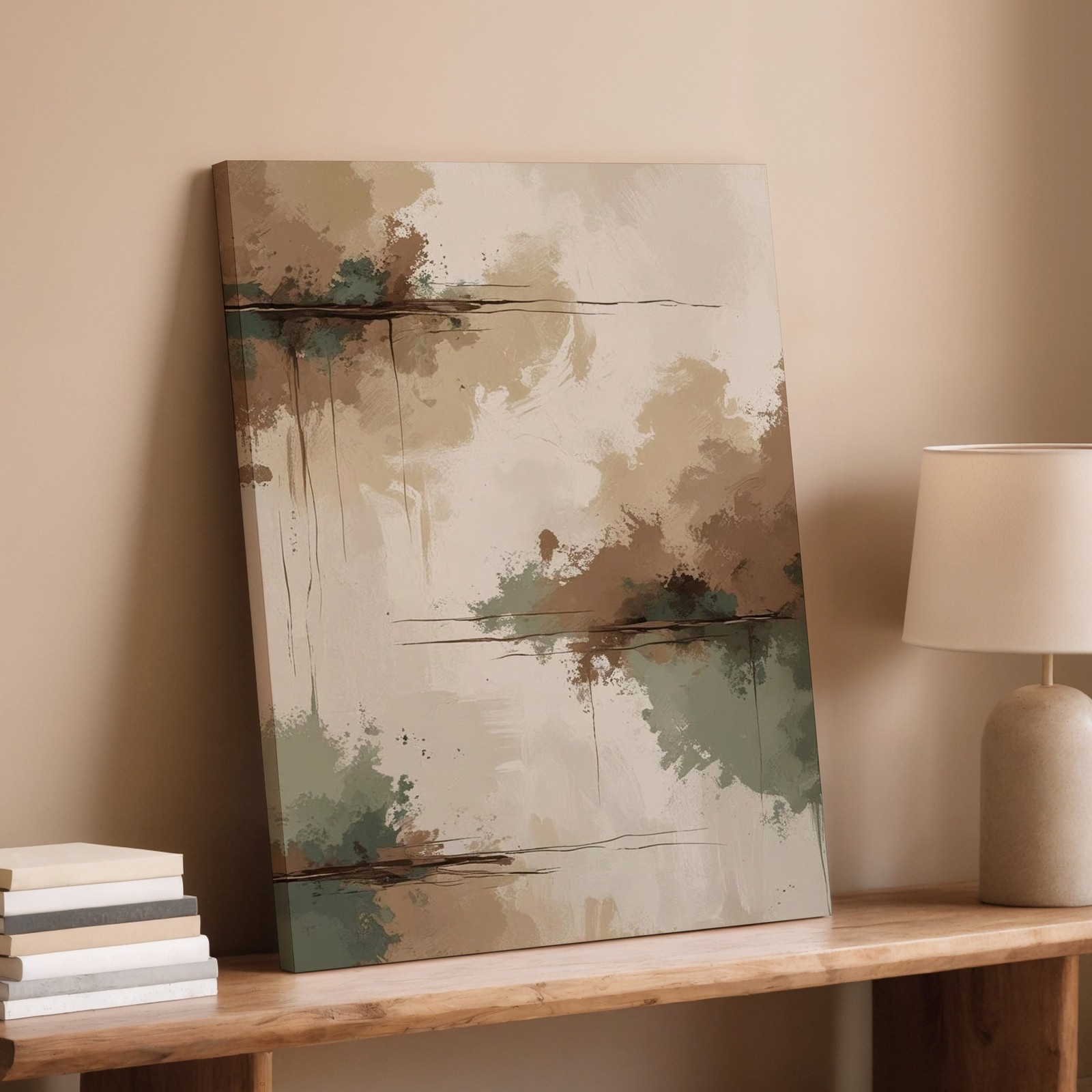 Abstract Canvas Wall Art Neutral Tones Green Brown Beige Modern Minimalist Home