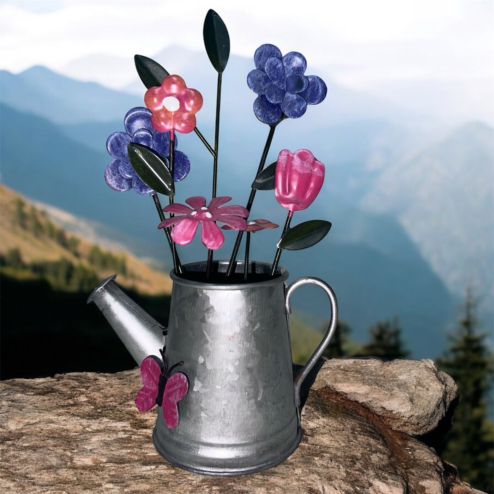 Hand Decorated 5.75” Mini Metal Watering Can Floral Design Unique Picture Holder