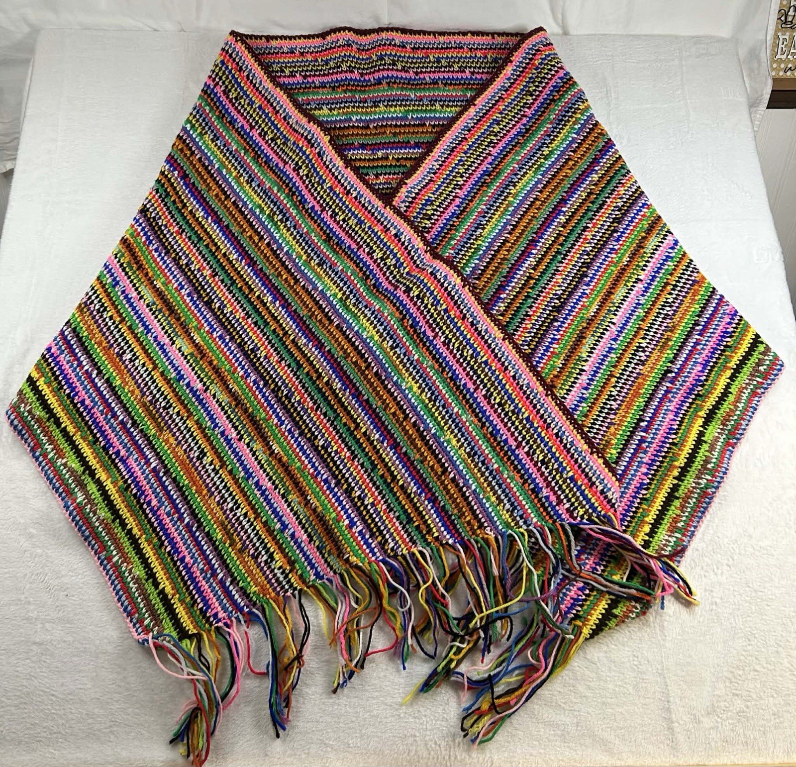 Handmade knit Rainbow Shawl Wrap Multicolor Boho Festival 26×96