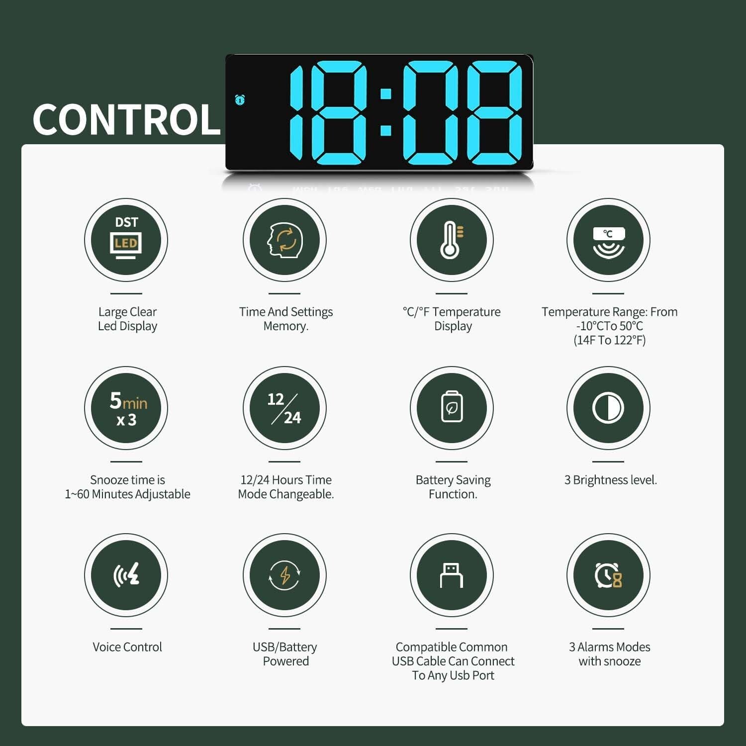 Small Digital Clock, 6.5 Inch LED Display with Light Blue Digits, 3 Levels Brigh