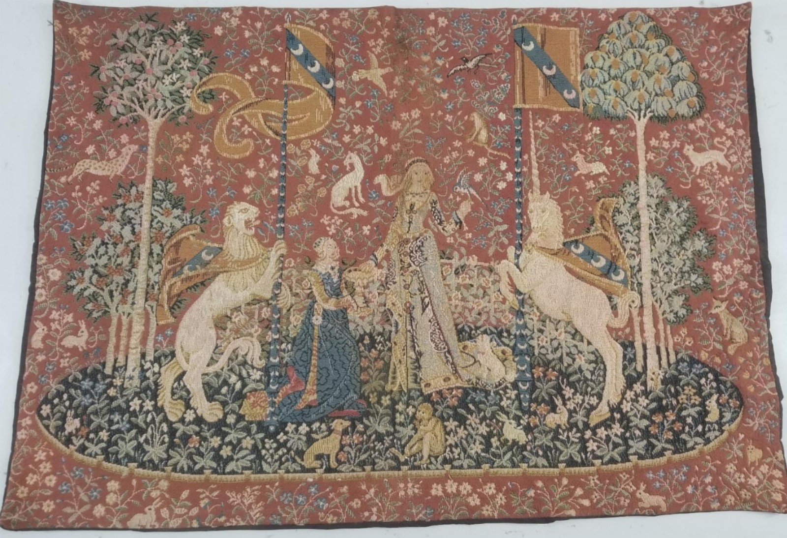 Vintage European Medieval Lady & Unicorn Jacquard Woven Tapestry 37x27in