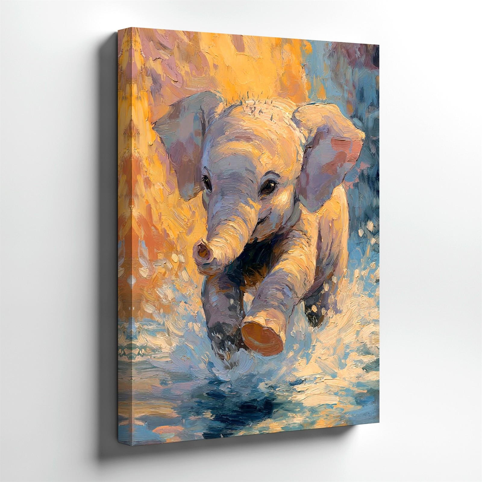 Wall Art Baby Elephant Running Through Water Oil Painting Canvas Print Decor