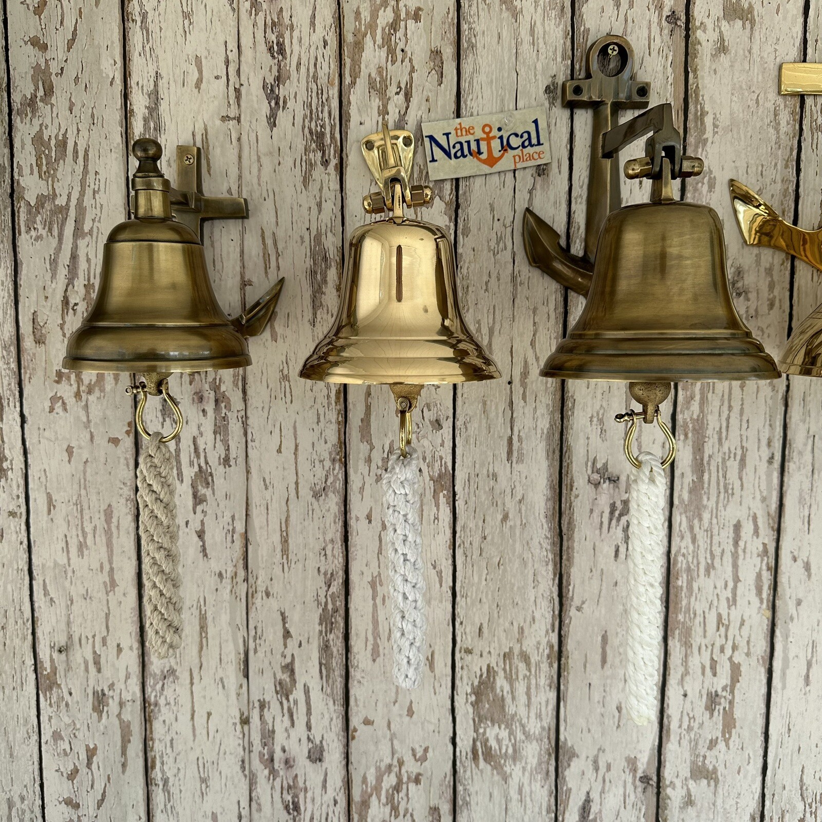 Rope Bell Pull w/ 2 Brass Shackles & Ring, Hand Tied, White, Off White, Natural