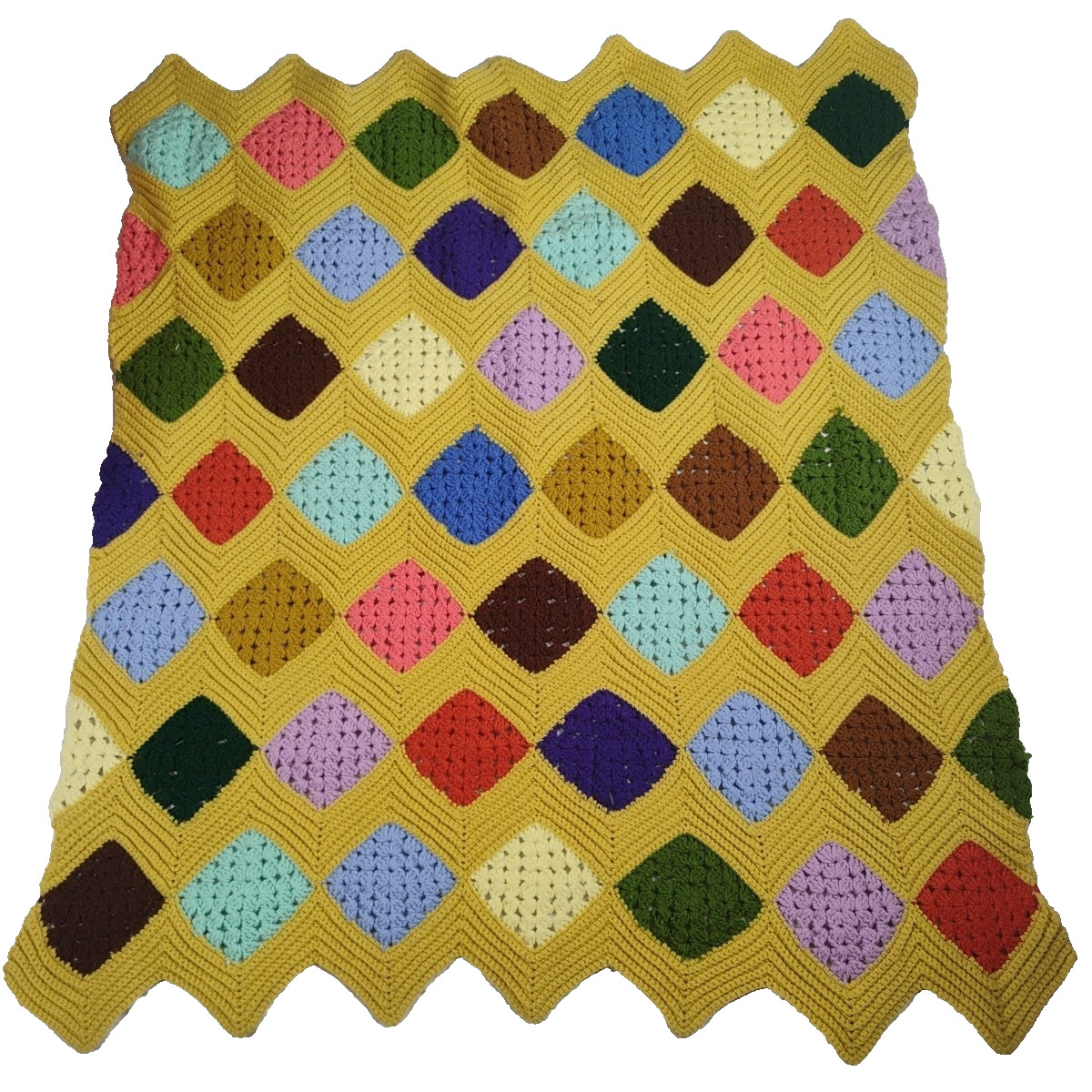 Vintage 1960s Granny Square 44&Prime; x 52&Prime; Crocheted Knitted Lap Baby Throw Blanket