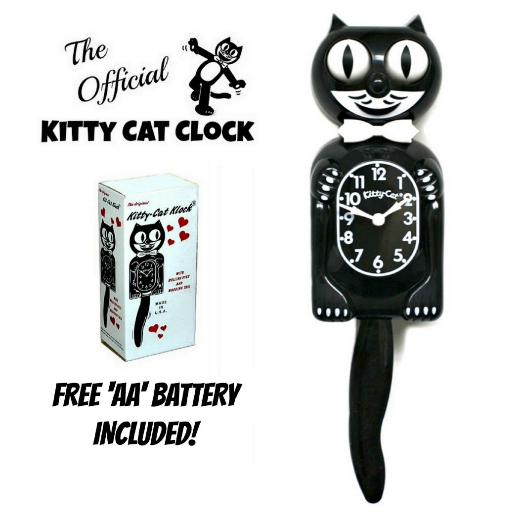 BLACK KITTY CAT CLOCK (3/4 Size) 12.75&Prime; Free Battery MADE IN USA Kit-Cat Klock