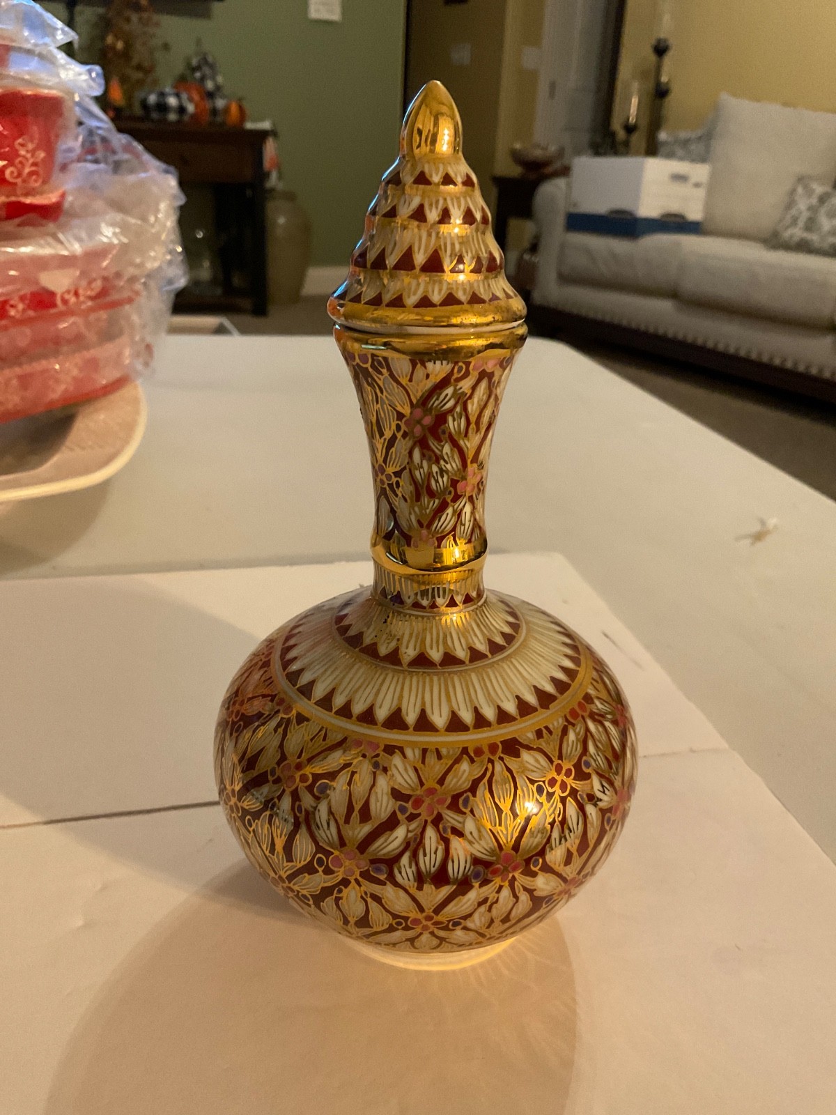 Hand Painted Decorative decanter Made In Thailand Red, White, 24kt Gold Design