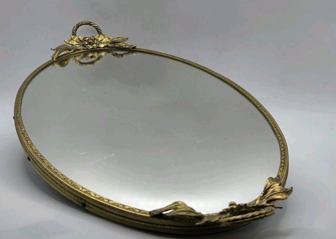 Ormolu Art Nouveau Floral Foliate Arched Brass Ends Vanity Mirror Tray 17-1/2&Prime;L