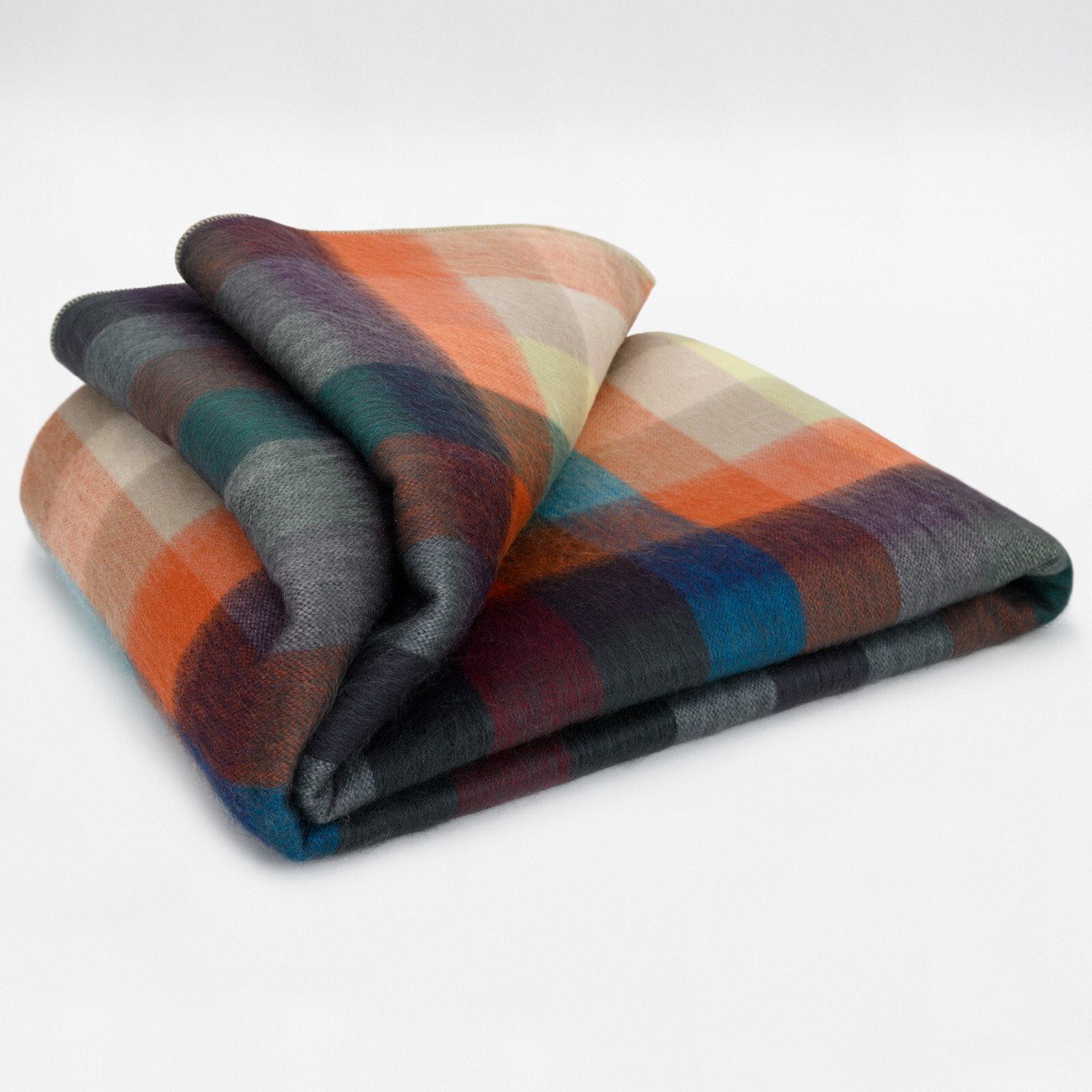 COZY CHECKER ALPACA WOOL BLANKET 96&Prime; x 66&Prime; MULTICOLOR PLAID IN ORANGE BLUE BROWN
