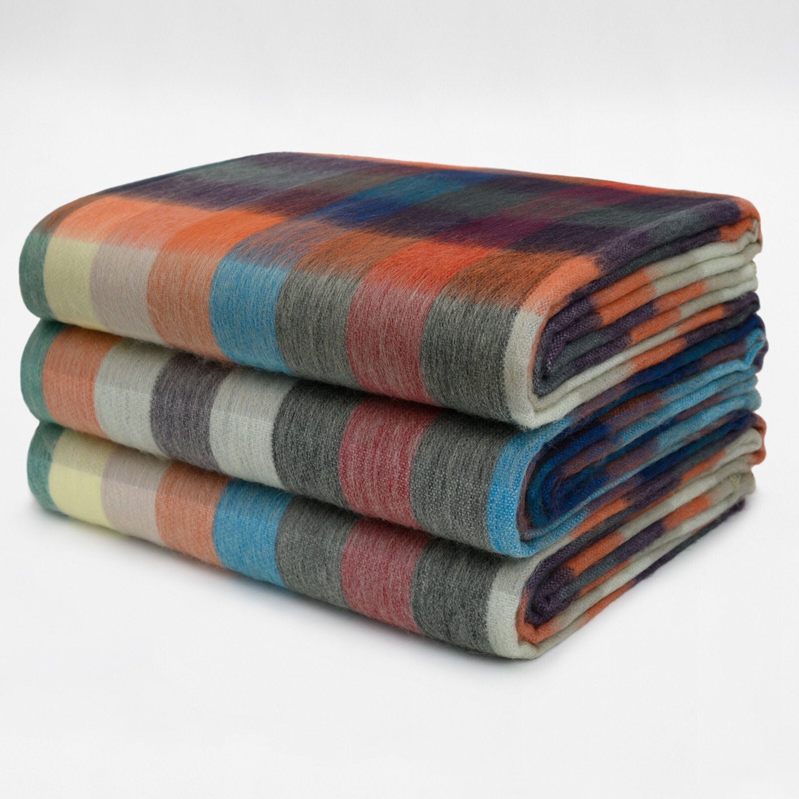 COZY CHECKER ALPACA WOOL BLANKET 96&Prime; x 66&Prime; MULTICOLOR PLAID IN ORANGE BLUE BROWN