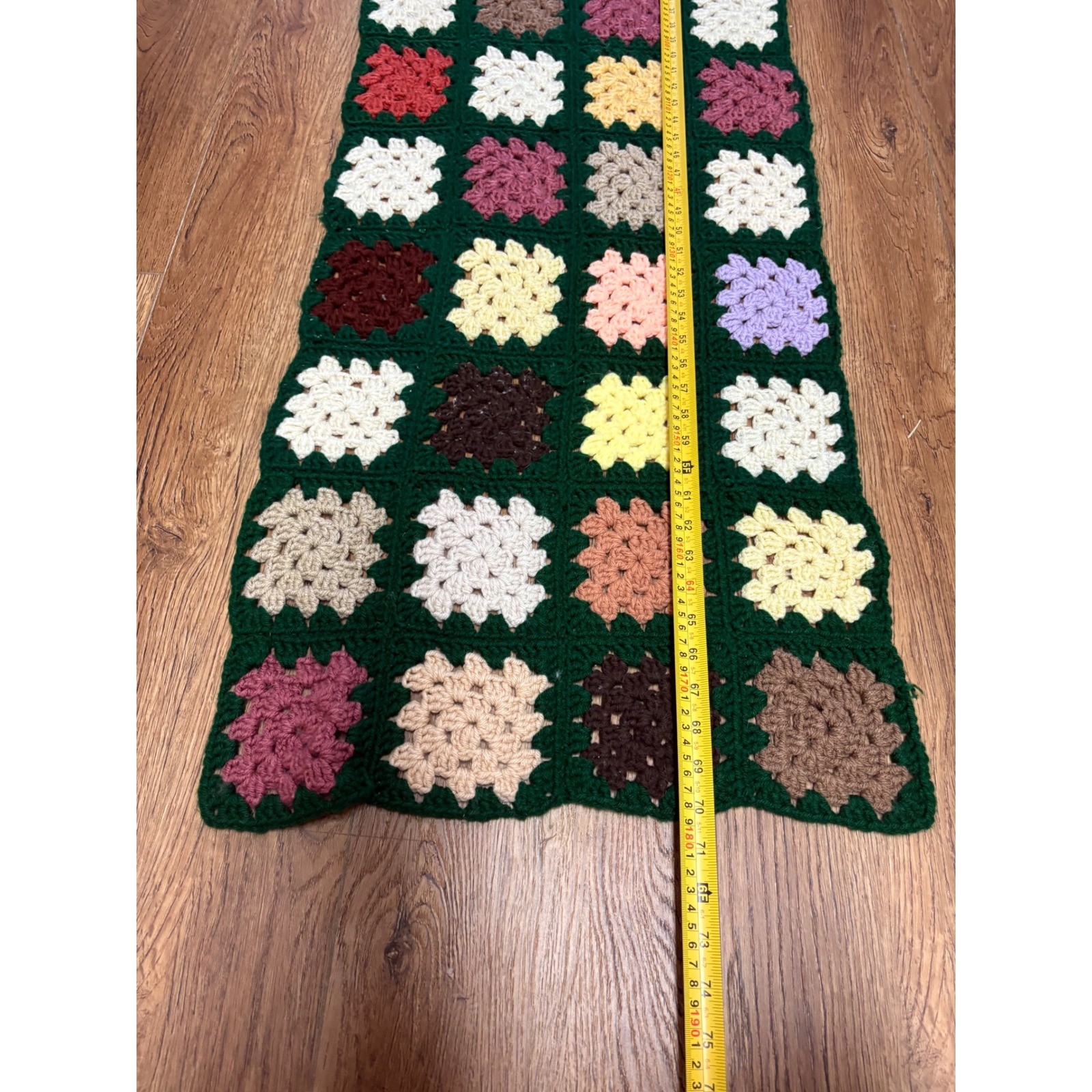 Handmade Crochet Granny Square Table Runner Green Multi Color Boho Vintage 70×19
