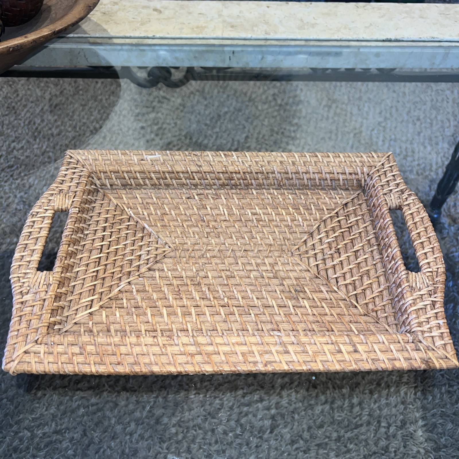 Handwoven Rectangular Rattan Tray Handles Boho 15” X 9.5” Made In Indonesia