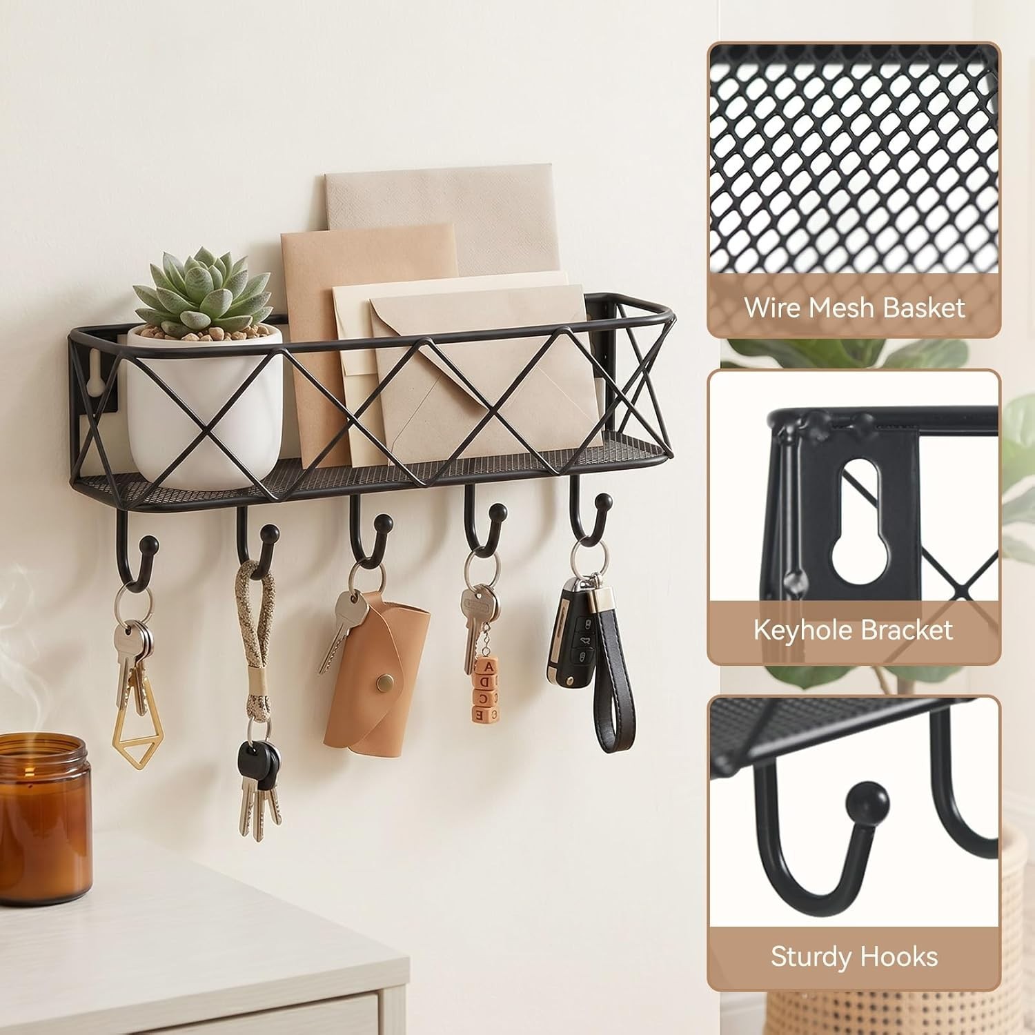 Multi-Functional Wall Key Holder with 5 Hooks & Basket – Easy Installation