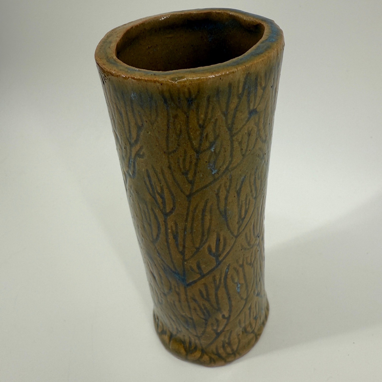 Studio Pottery Bud Vase Brown Blue Glaze 5.5&Prime; Signed FM Tree Branch Design