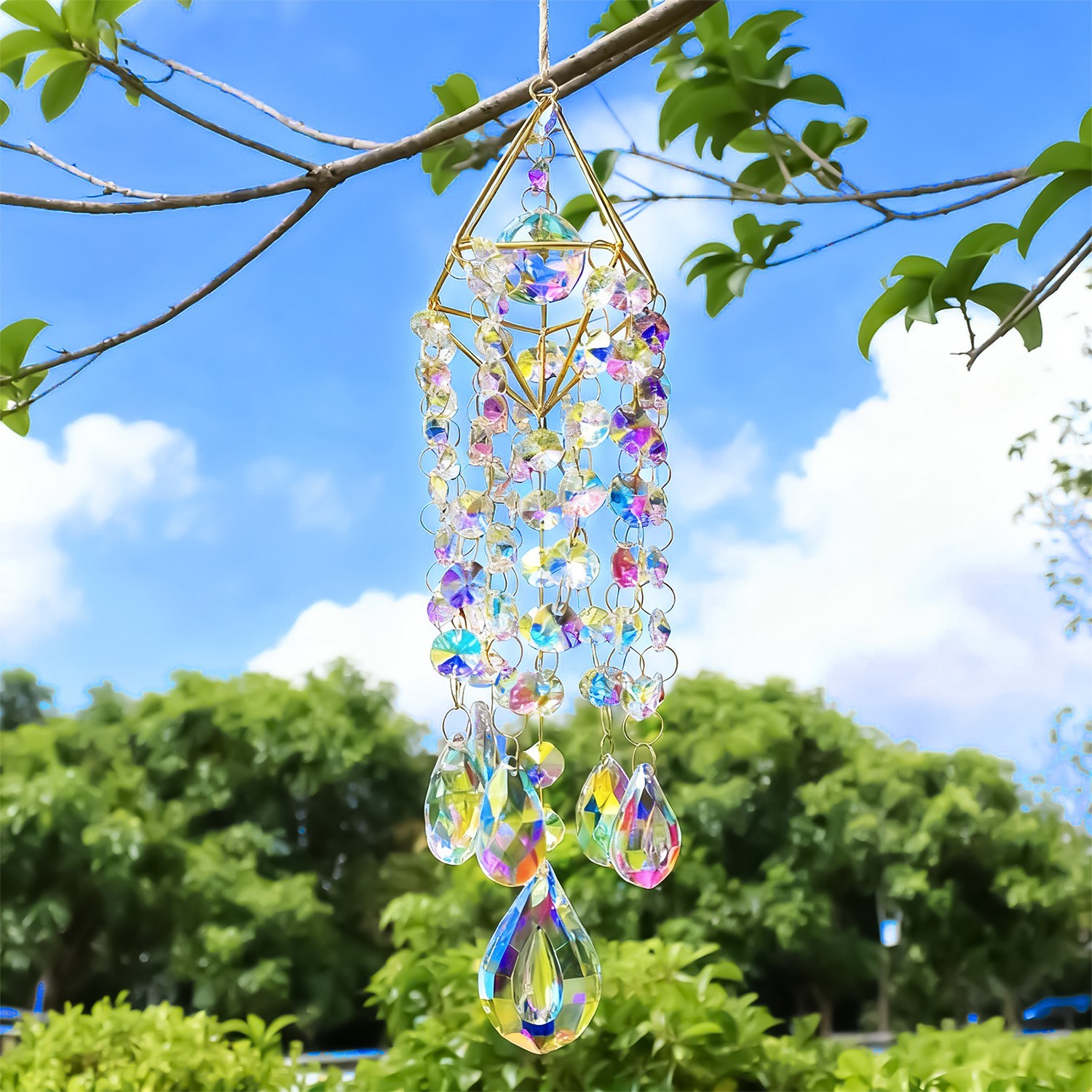 13&Prime; Crystal Hanging Sun Catcher w/Hemp Rope AB Color Crystal Prism Rainbow Maker
