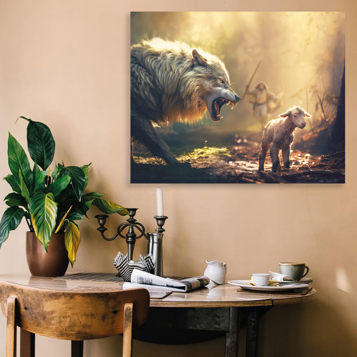 Christian Wall Art Jesus Running Towards Wolf and Lamb Pictures Jesus Art