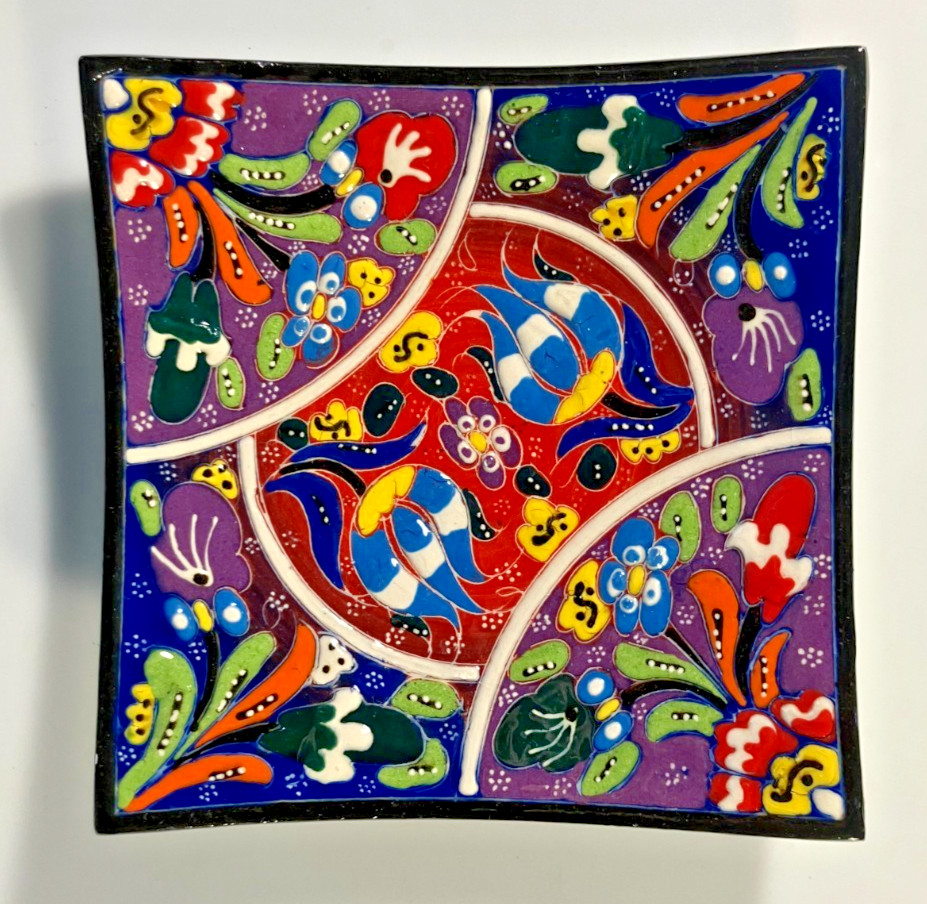 Turkish Hand Painted Polychrome Ceramic Plate Plants Raised Edges Square 5.5 in!