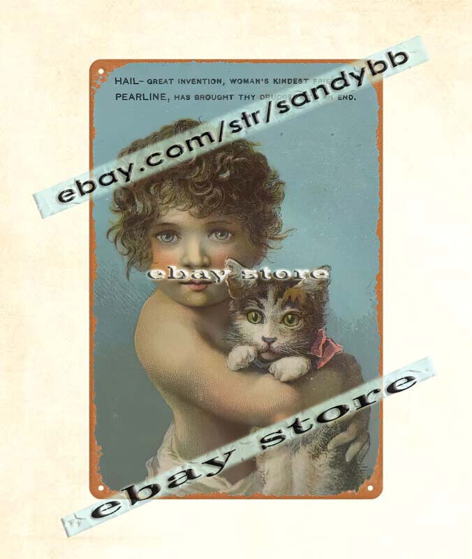 1890 Pyle&rsquo;s Magic Pearline Soap Girl Kitten metal tin sign wall decor design