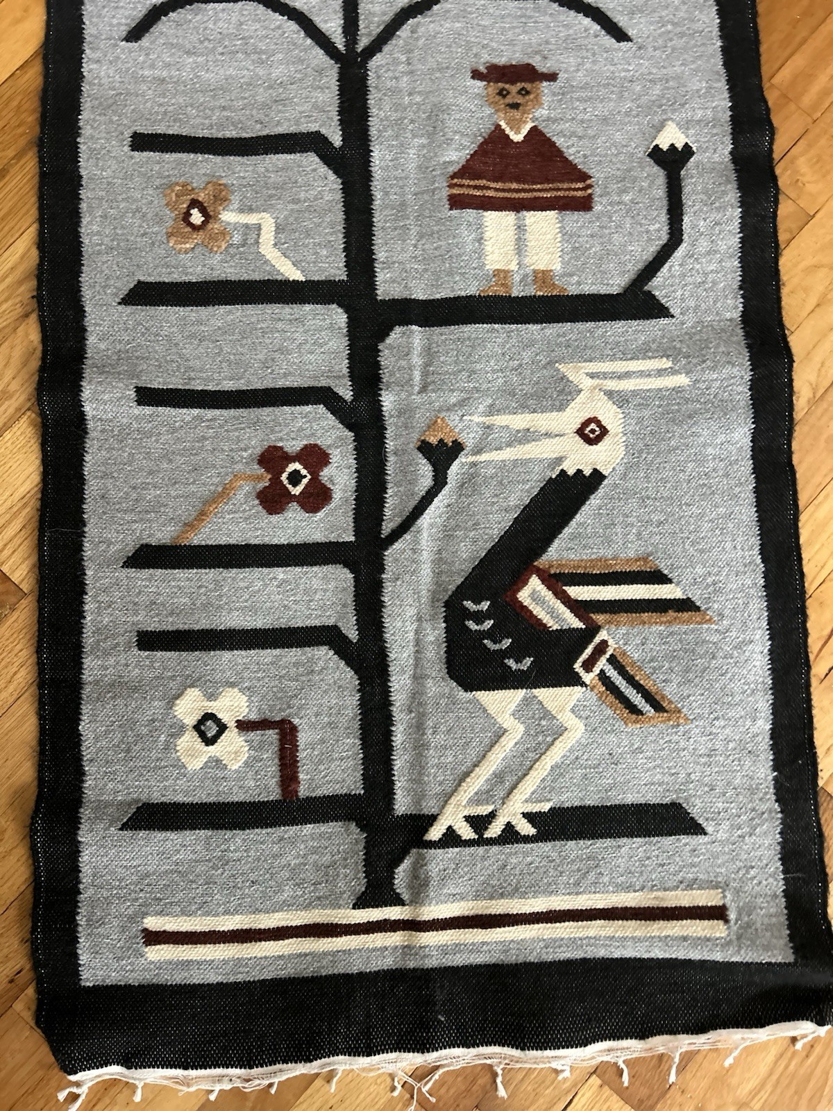 Vintage Handwoven Wool Colombian Tapestry Rug Folk Art Bird Man Floral Excellent