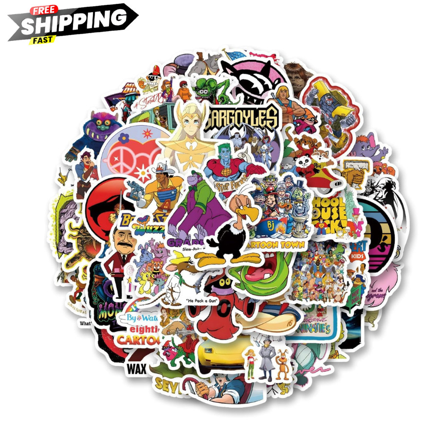 80s Cartoon Stickers Pack – 63 Vinyl Decals for Kids and Teens&rsquo; Decor