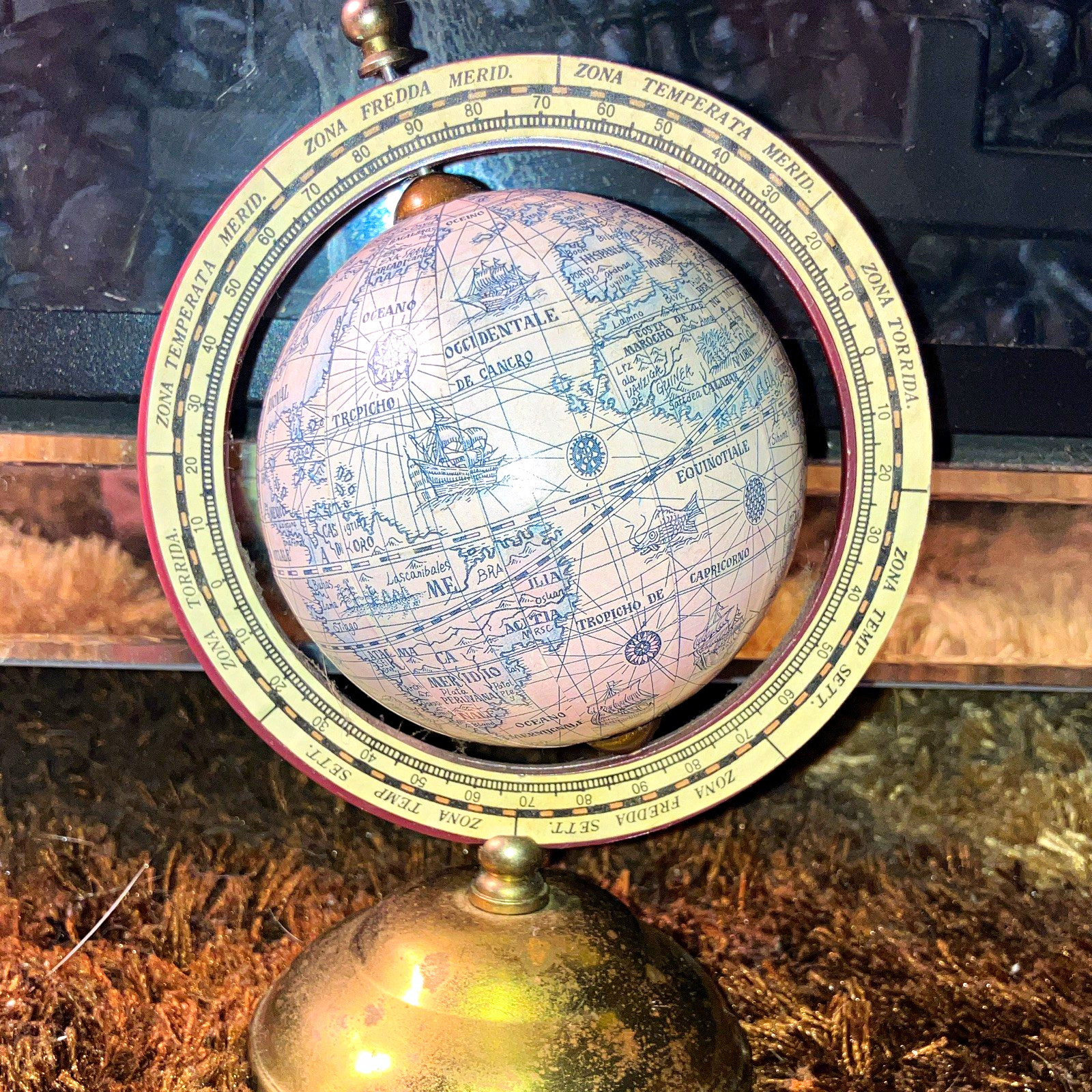 Rotating Decorative Tabletop Globe w/ Metallic Metal Base, Blue/White/Gold