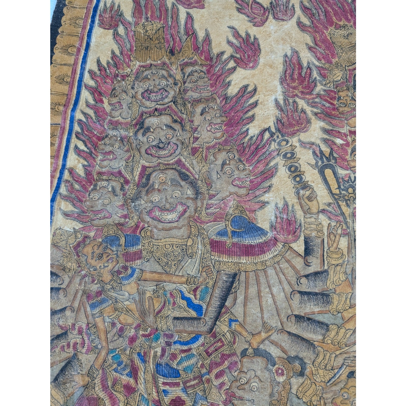 Vintage Indonesian Balinese Hand Painted Mythological Tapestry 35x23in