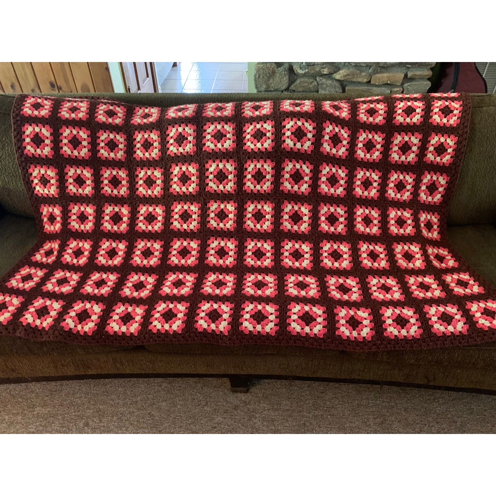Handmade Granny Square Crochet Throw Blanket Afghan Brown Pink 63×42 Retro Boho