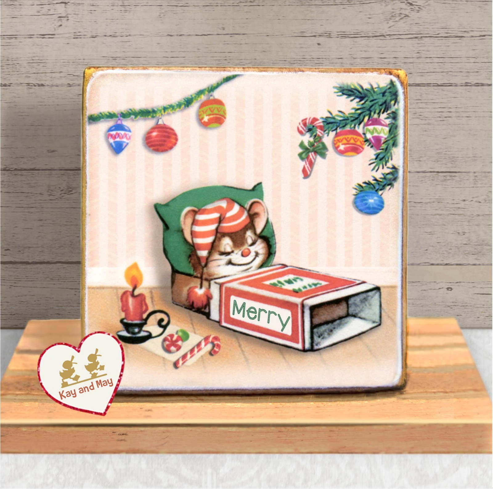 Christmas Mouse retro vintage style shelf sitter home decor wood sign WB-175