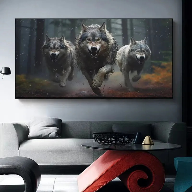 Three Wolf Running Howl Wildlife Canvas Paintings Prints Wall Art Picture