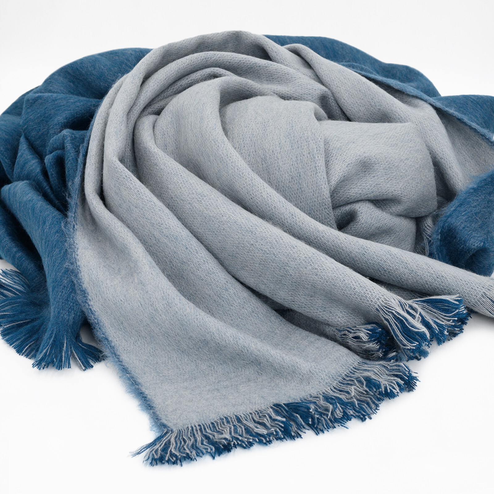 Cozy Soft Reversible Alpaca Wool Fringed QUEEN Blanket – Deep Blue/Grey 98x69in