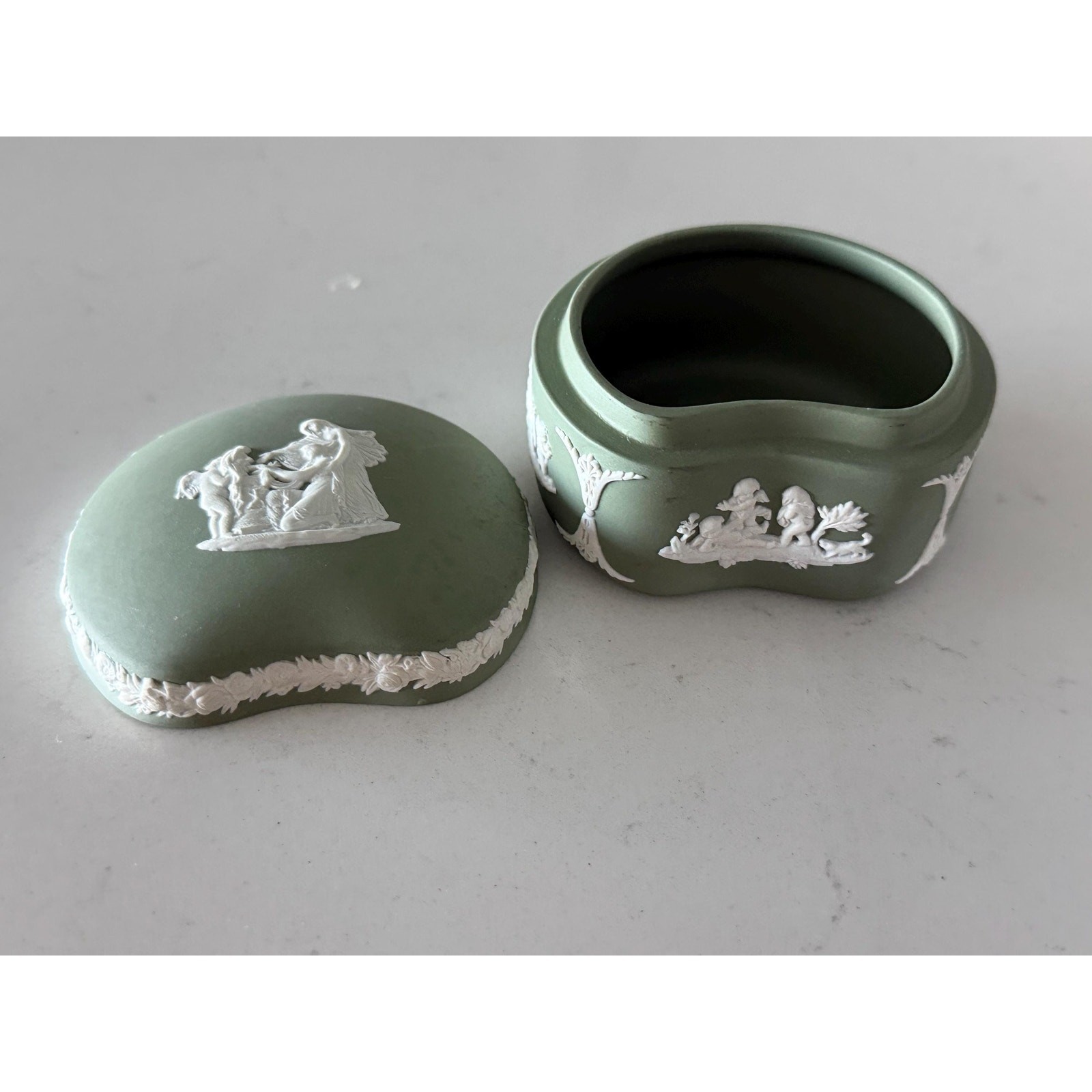 Vintage Wedgwood Sage Green Jasperware Trinket Box | Cupid & Oracle Relief