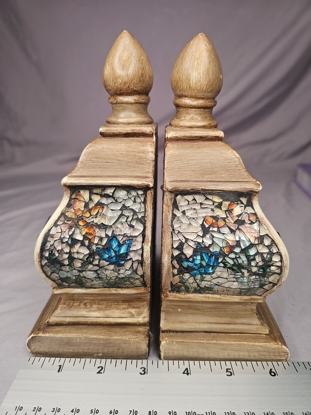 Antique Style Floral Bookends 7.5&Prime; tall 2 Lbs (1 lb each) MOSIAC STYLE FLORAL