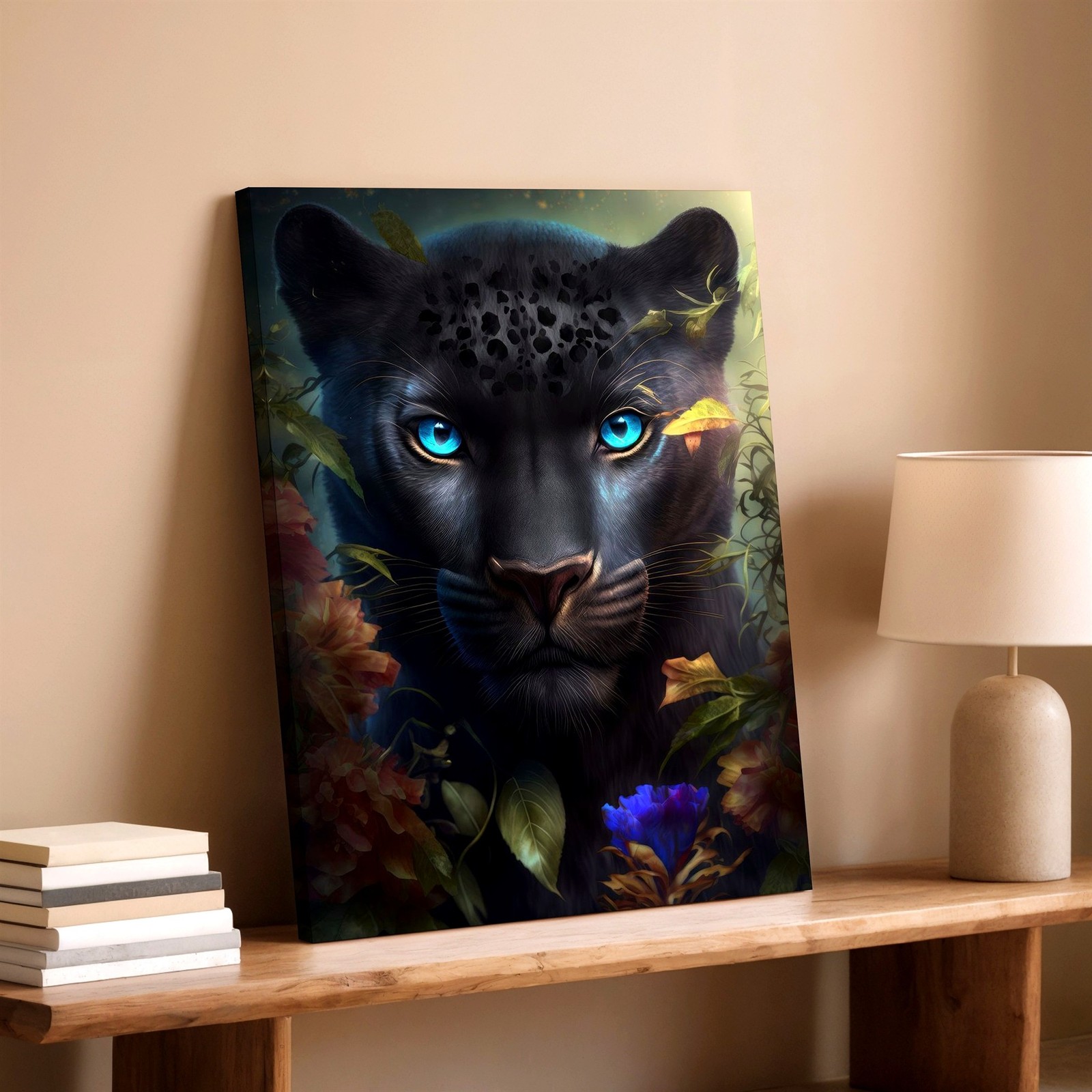 Wall Art Black Panther Blue Eyes Floral Fantasy Animal Canvas Print Modern Decor