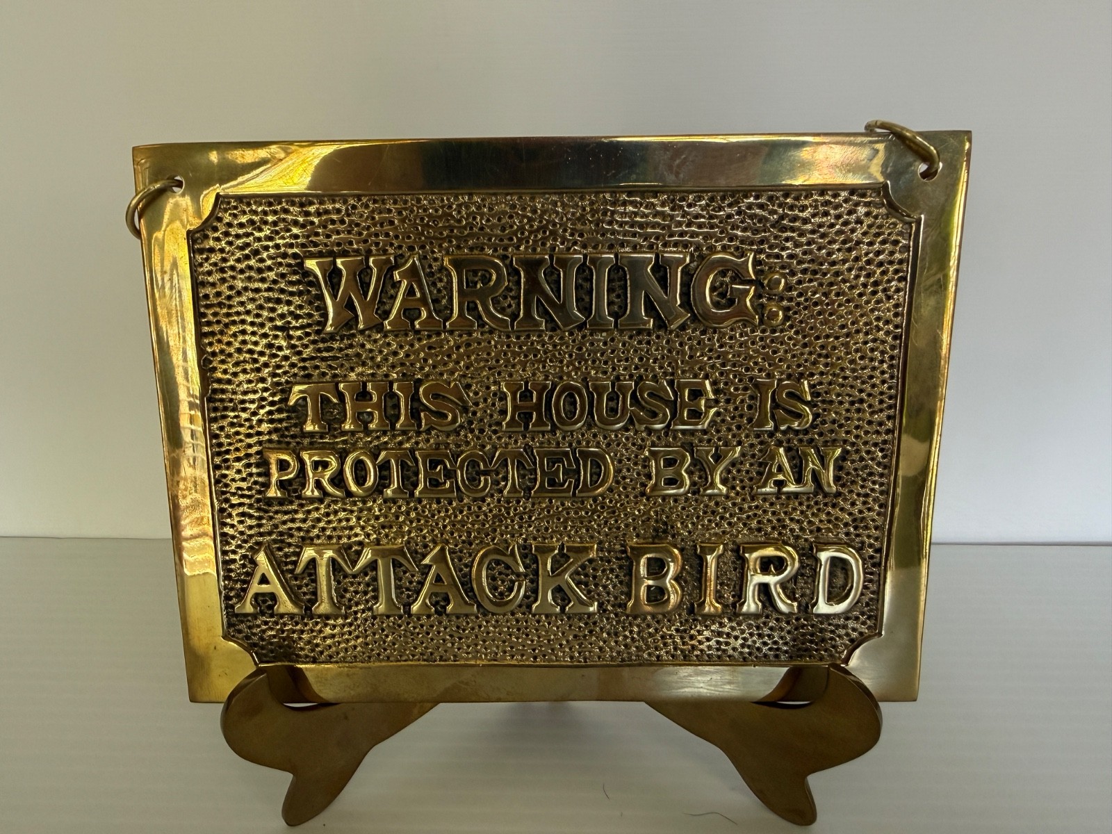 vintage solid brass wall plaque « Warning, this house protected by attack bird »