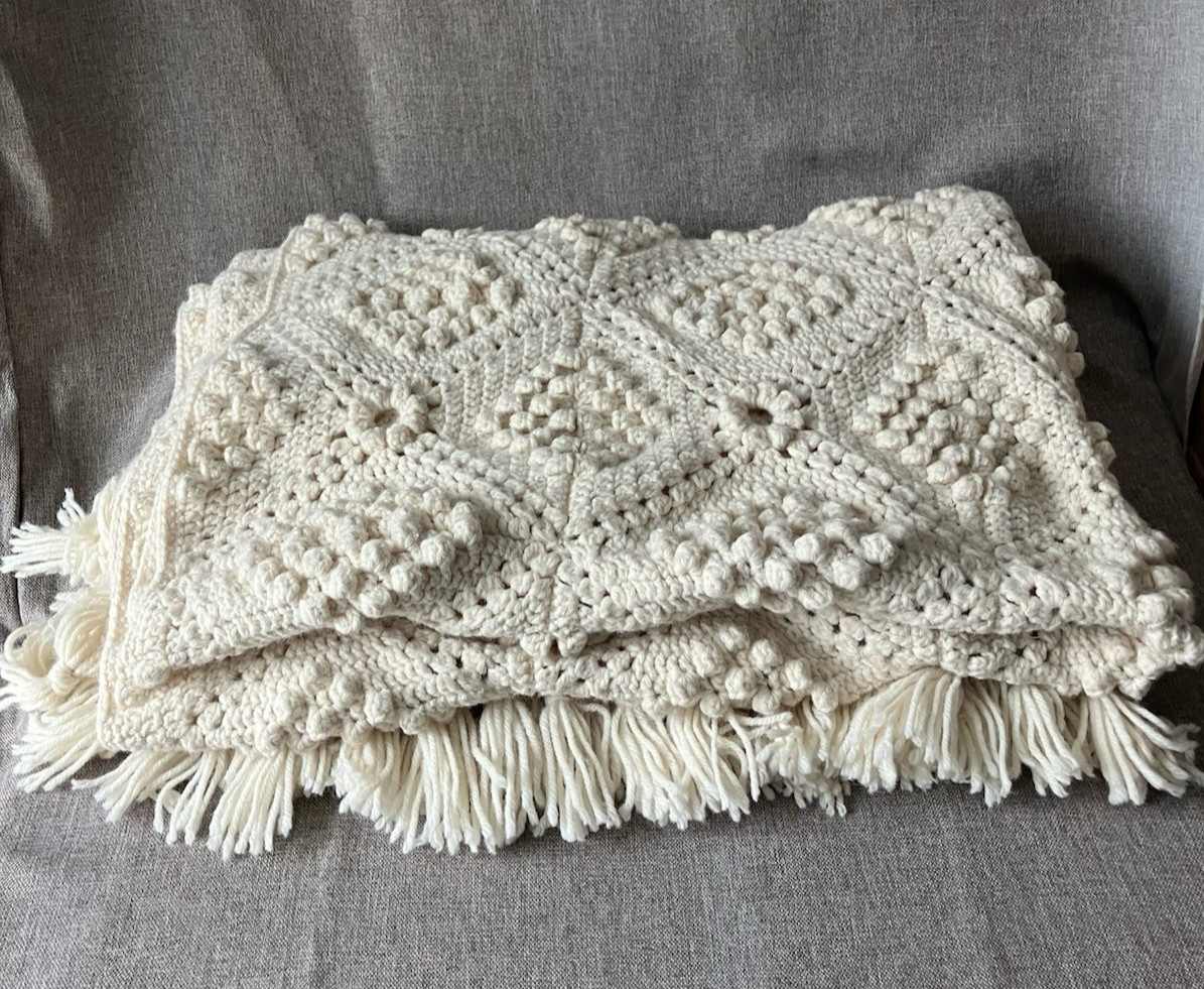 Hand crocheted WOOL throw blanket, Cream/Ivory Approx 61”x 41”