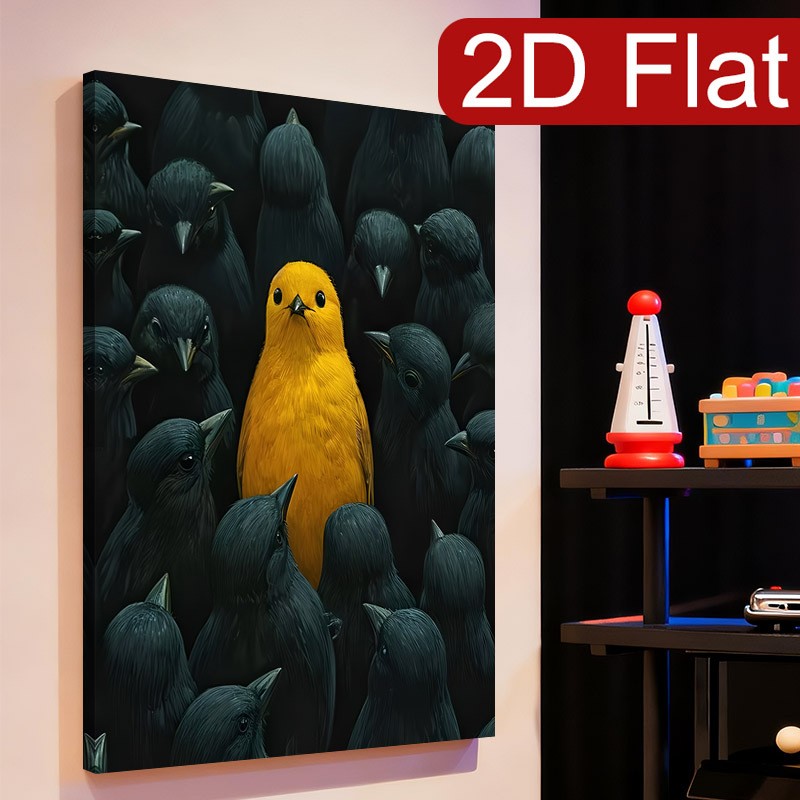 Yellow Bird Standing Out Among Black Crows Canvas Wall Art,Unique Wildlife Decor