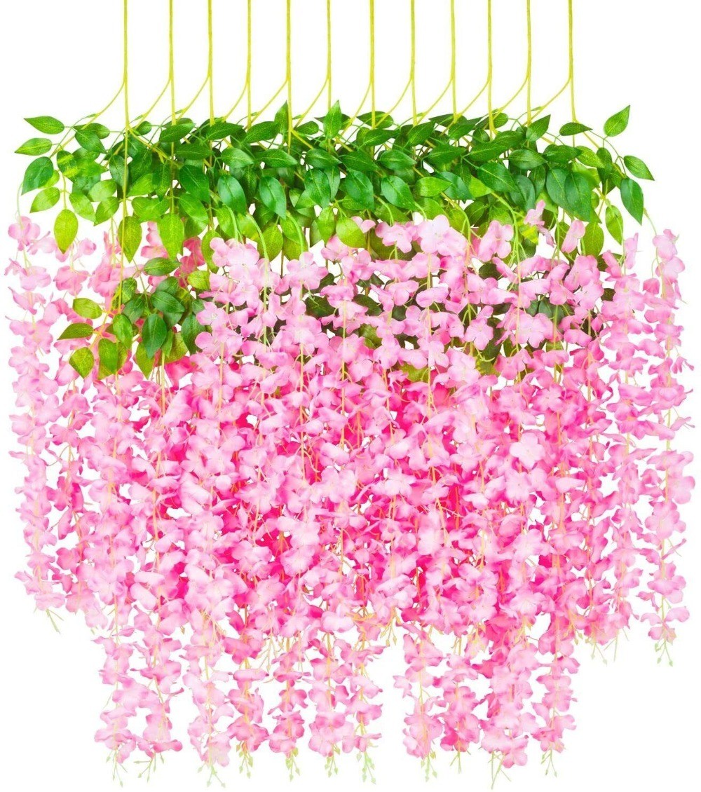 12PCS Artificial Fake Wisteria Vine Ratta Hanging Garland Silk Flowers Decor