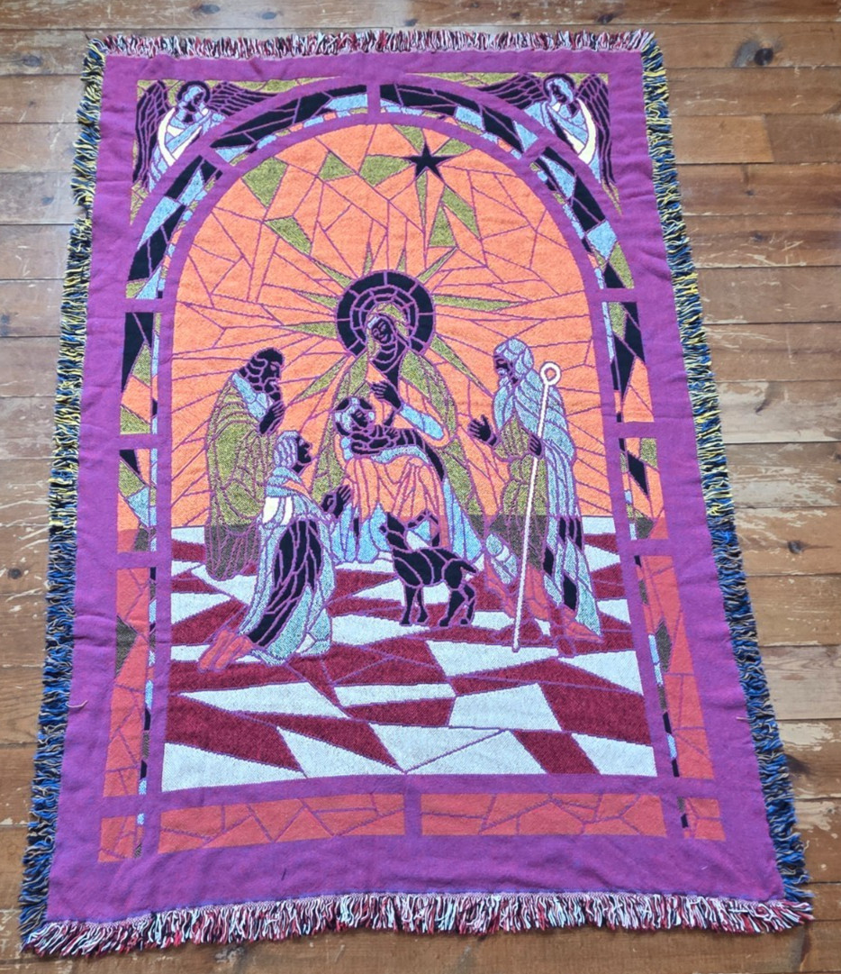 Christmas Woven Tapestry Blanket Throw Nativity Stained Glass Angel Fringe 51×73