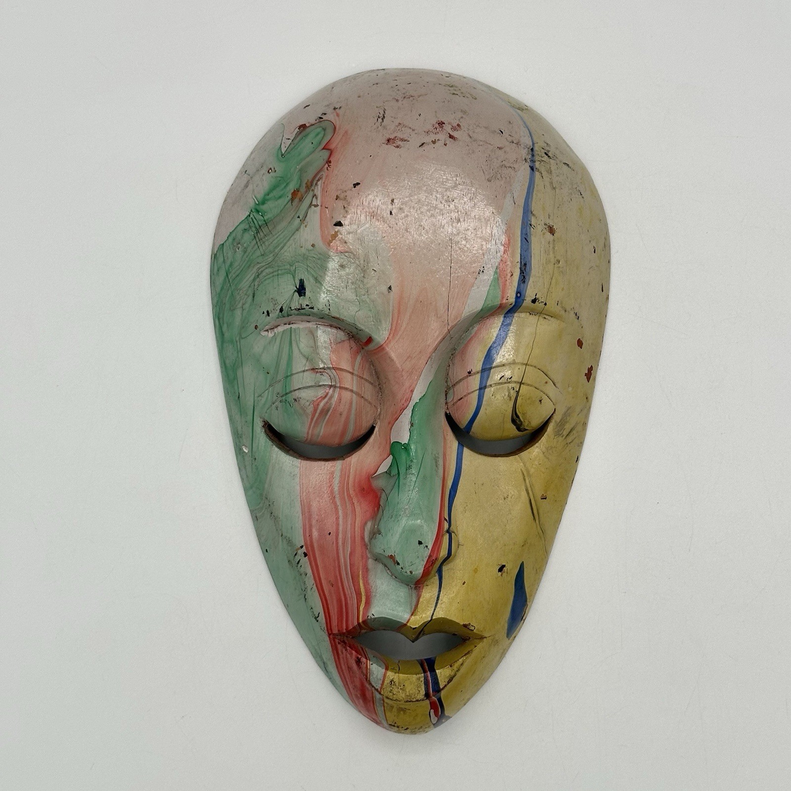 Colorful Drip Paint Hand Carved Wood Mask Home Decor 10 X 6 Inches