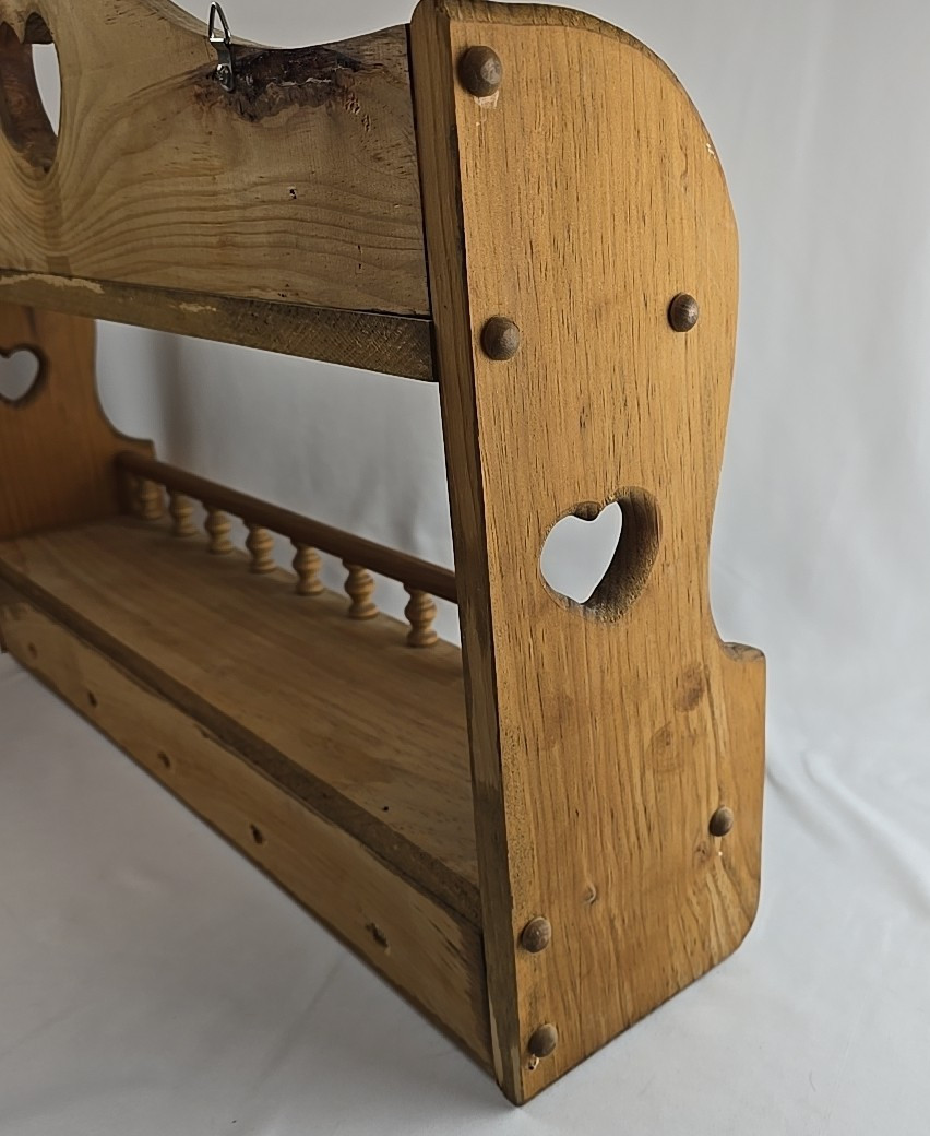 Vtg Handmade Wood Heart Cutout Trinket Shelf Wall Hanging Pegs 26&Prime; Cottagecore