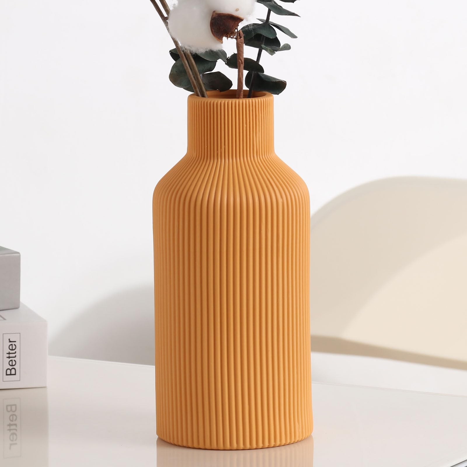 Orange Ceramic Vase Farmhouse Decor Ribbed Texture Matte 7.9×3.5in Tabletop