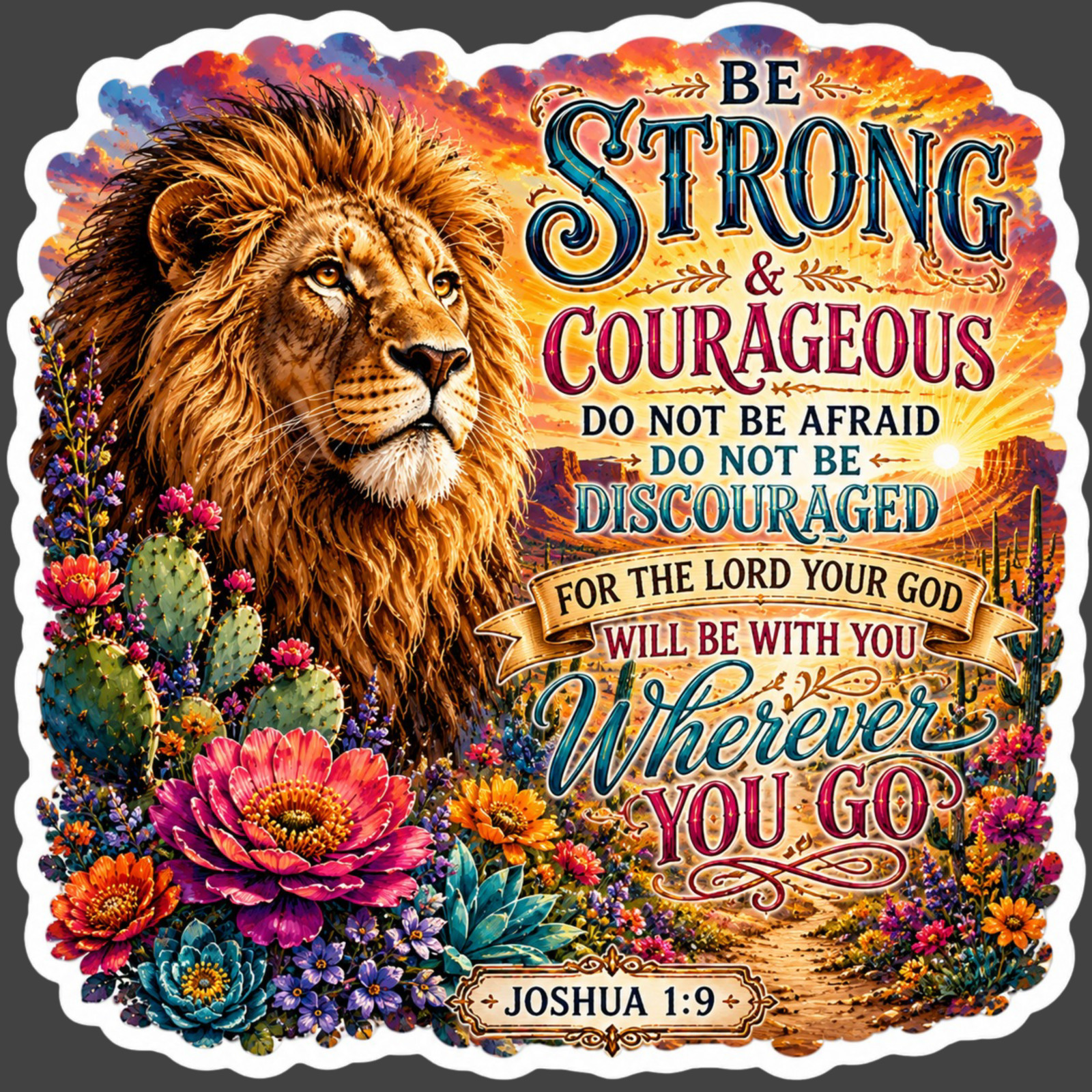 Christian Sticker Vinyl Decal Joshua 1:9 Be Strong Courageous Lion Scripture