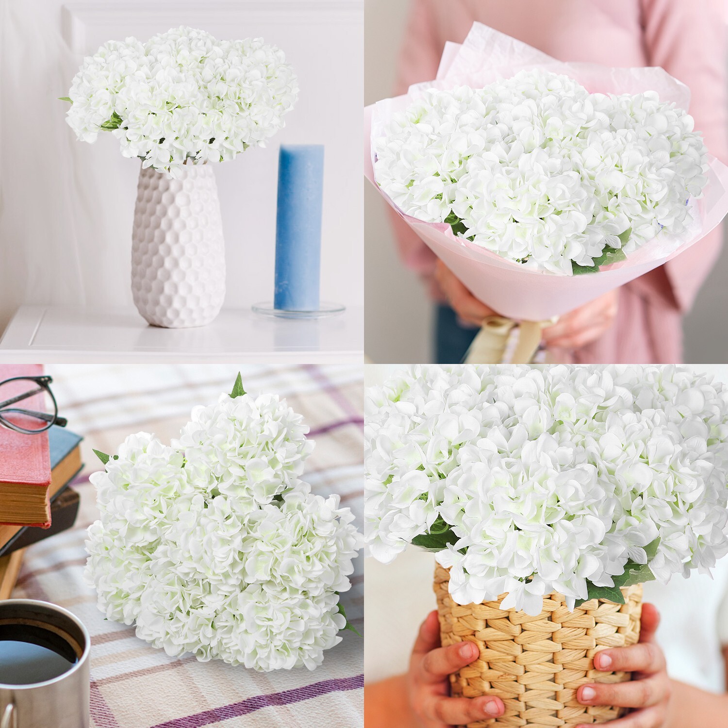 EZFLOWERY 5 Pcs Artificial Silk Hydrangea Flowers 18 » Bouquet Arrangement White