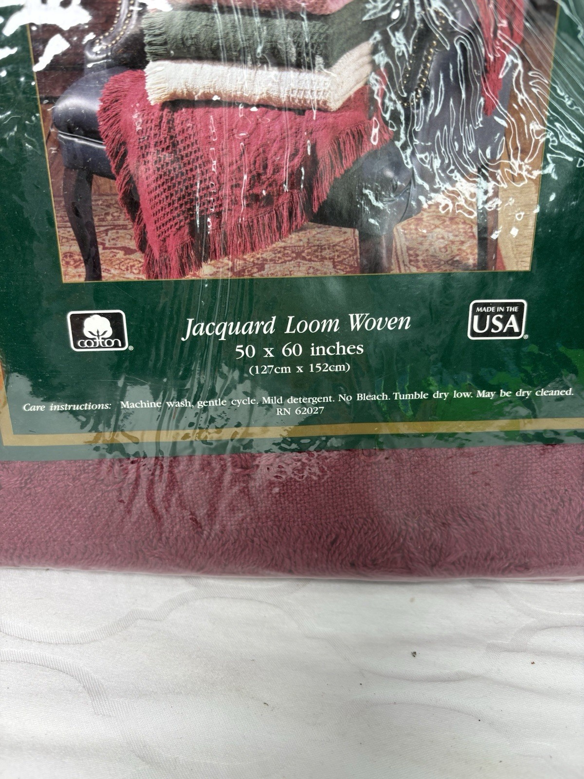 New Jacquard Cotton Loom Woven Throw Blanket Burgundy Solid Color USA Vintage